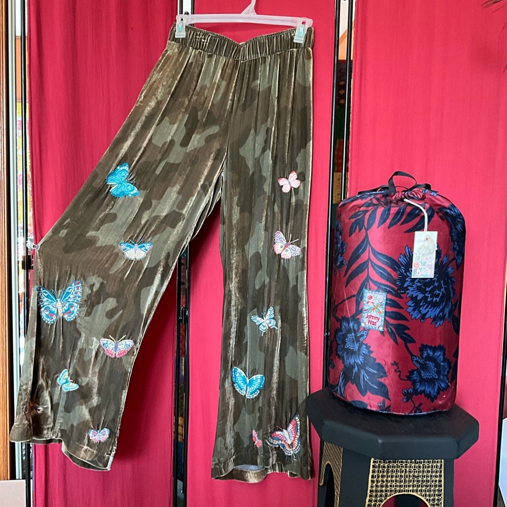 Johnny Was JWLA Camo Seamed Wide Leg Pants NWT$365 SMALL Embroidered